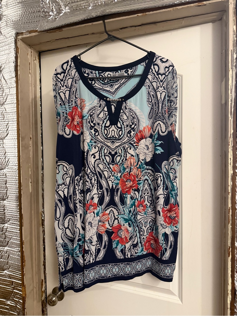 JM Collection Navy Floral Paisley Keyhole Tank with Coral Accents